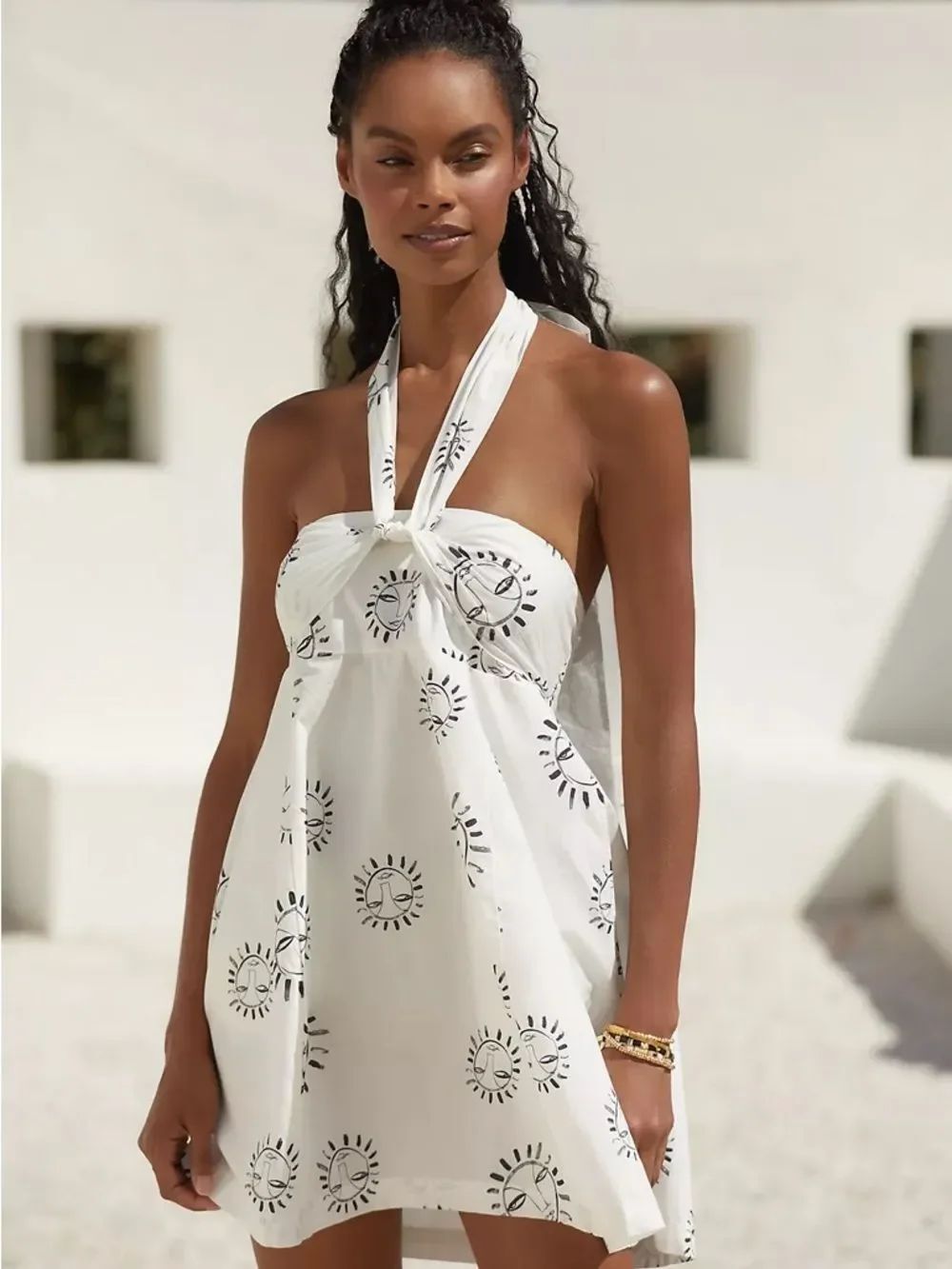 ANTHROPOLOGIE X Loulou Avenue White Halter Sun-Print Mini Dress Size M
